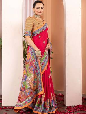 Pink ethnic motifs silk blend saree 2