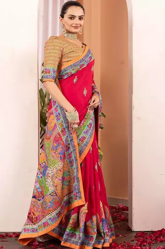 Pink ethnic motifs silk blend saree