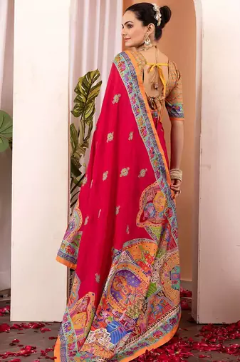 Pink ethnic motifs silk blend saree