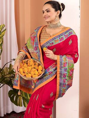 Pink ethnic motifs silk blend saree 4