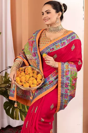 Pink ethnic motifs silk blend saree