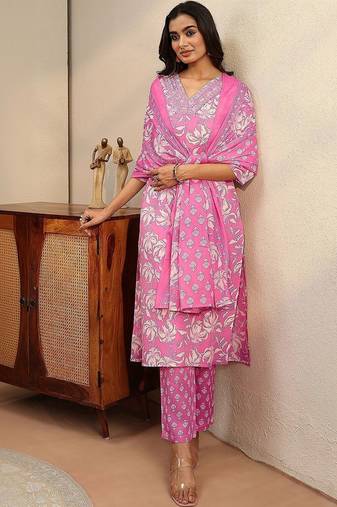 pink floral printed cotton straight suit set