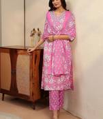 pink floral printed cotton straight suit set