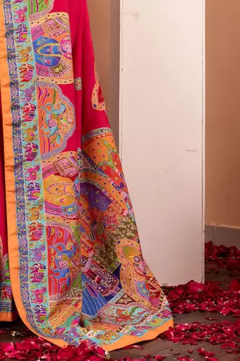 Pink ethnic motifs silk blend saree