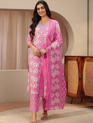 pink floral printed cotton straight suit set 2