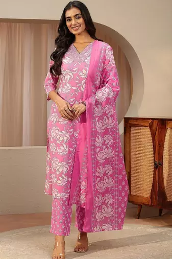 pink floral printed cotton straight suit set