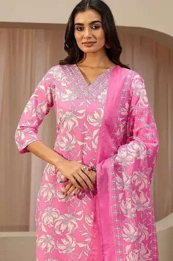 pink floral printed cotton straight suit set