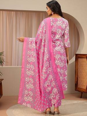 pink floral printed cotton straight suit set 5