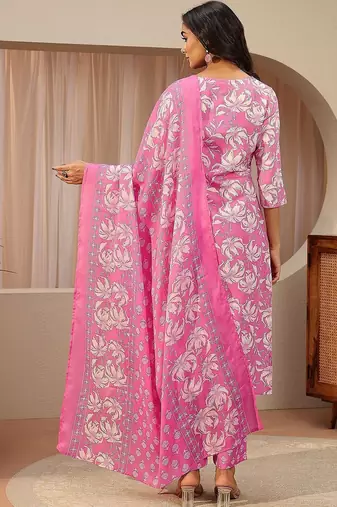 pink floral printed cotton straight suit set