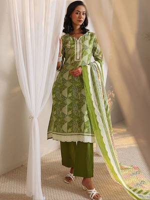 libas green geometric printed straight suit set with dupatta 1