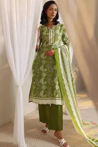 libas green geometric printed straight suit set with dupatta