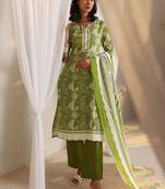 libas green geometric printed straight suit set with dupatta