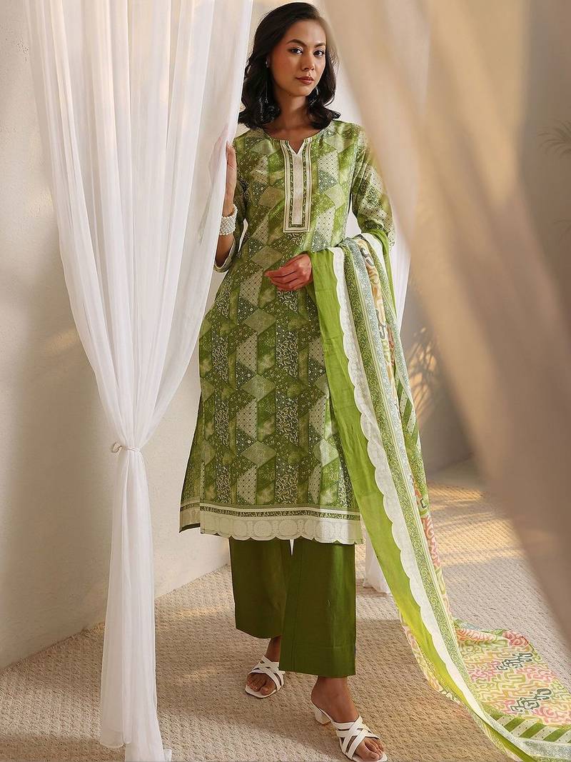 libas green geometric printed straight suit set with dupatta