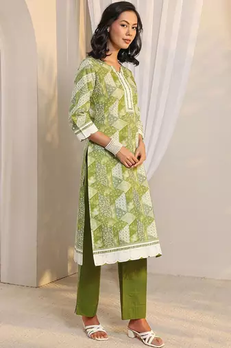 libas green geometric printed straight suit set with dupatta