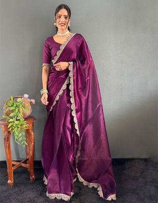 Burgundy sequinned organza saree 1