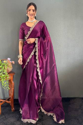 Burgundy sequinned organza saree