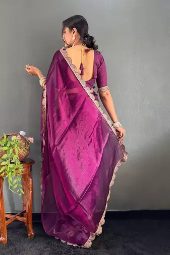 Burgundy sequinned organza saree