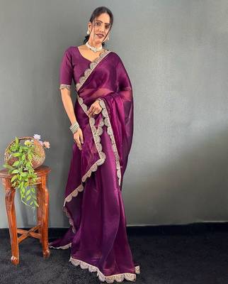 Burgundy sequinned organza saree 3