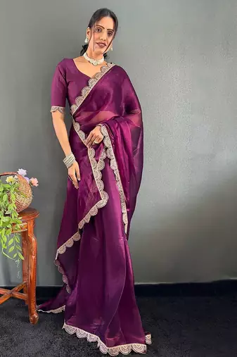 Burgundy sequinned organza saree