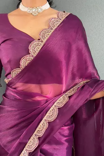 Burgundy sequinned organza saree