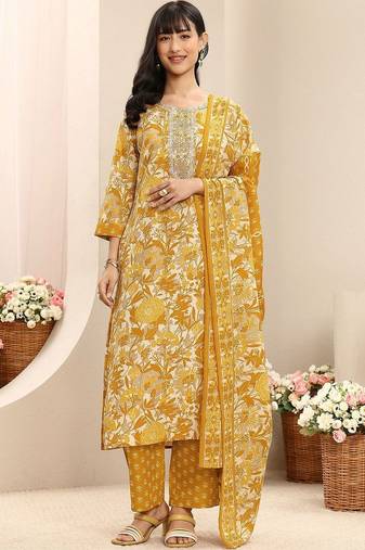women floral printed regular thread work kurta with trousers & with dupatta