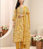 women floral printed regular thread work kurta with trousers & with dupatta