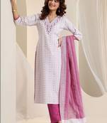 women printed regular thread work kurta with trousers & with dupatta