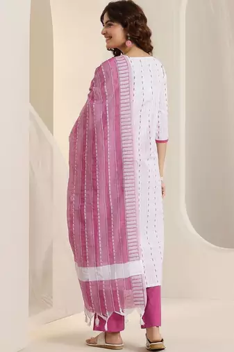 women printed regular thread work kurta with trousers & with dupatta