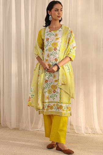 libas yellow floral printed straight suit set with dupatta