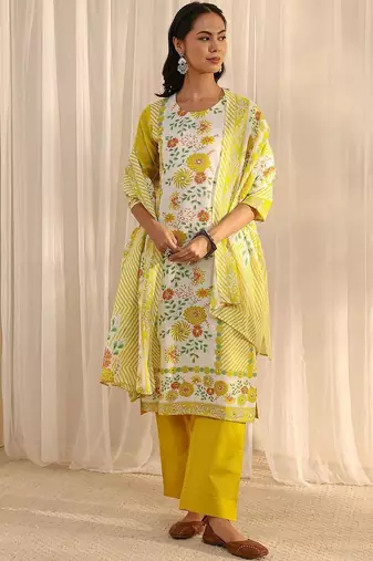 libas yellow floral printed straight suit set with dupatta
