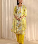 libas yellow floral printed straight suit set with dupatta