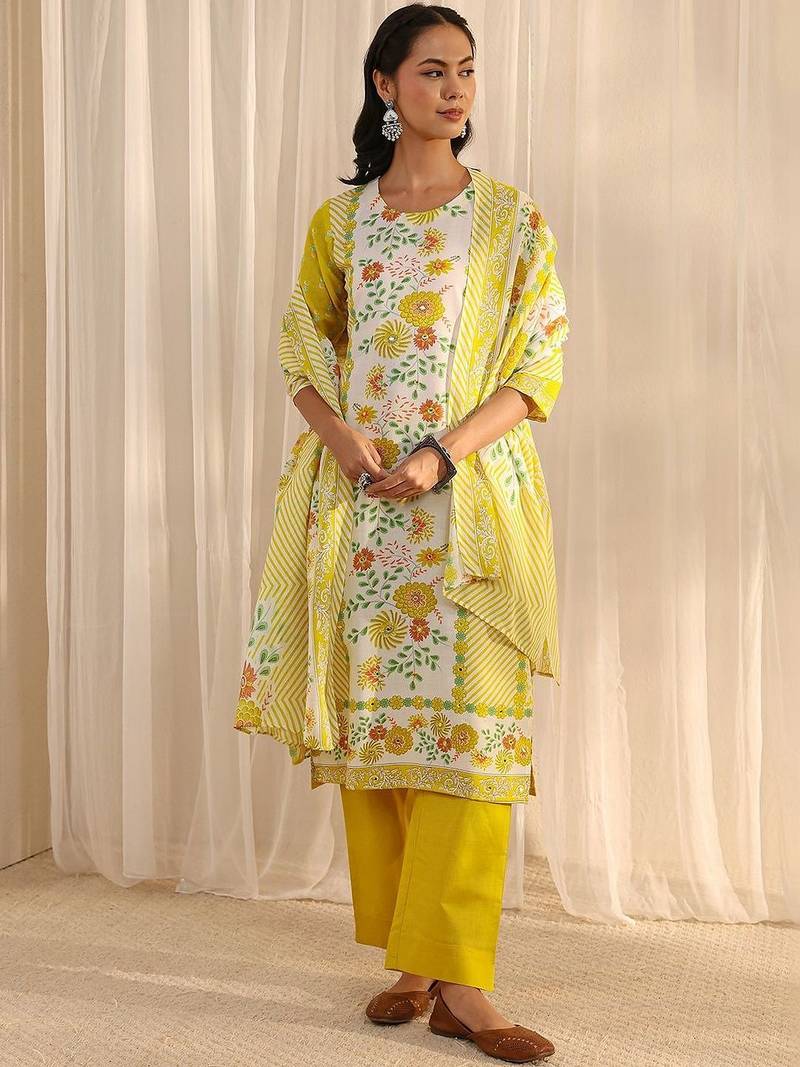 libas yellow floral printed straight suit set with dupatta
