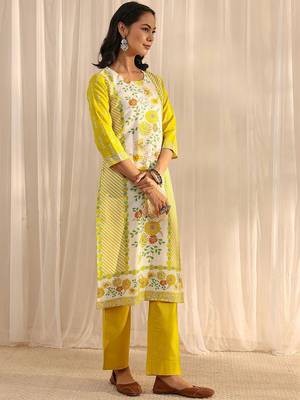 libas yellow floral printed straight suit set with dupatta 2