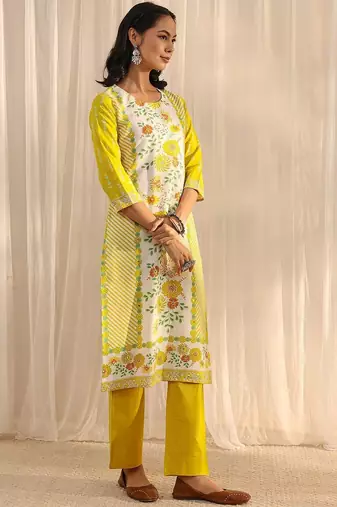 libas yellow floral printed straight suit set with dupatta