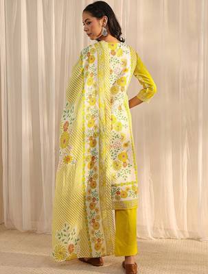 libas yellow floral printed straight suit set with dupatta 3