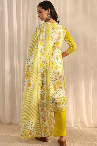 libas yellow floral printed straight suit set with dupatta