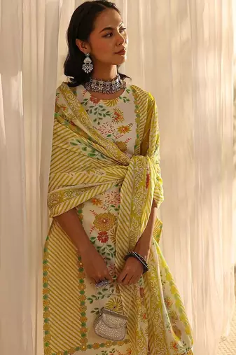 libas yellow floral printed straight suit set with dupatta