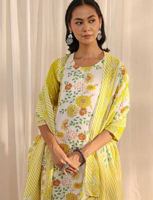 libas yellow floral printed straight suit set with dupatta 5