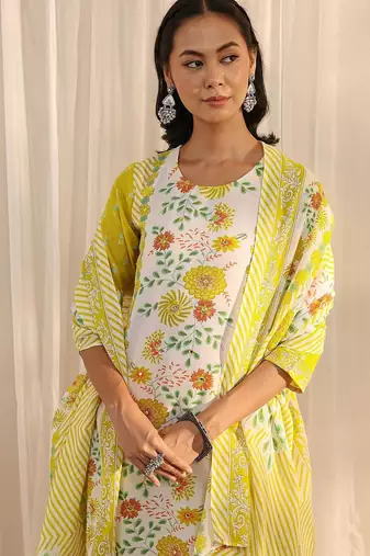 libas yellow floral printed straight suit set with dupatta