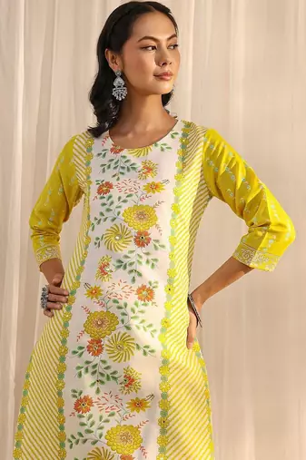 libas yellow floral printed straight suit set with dupatta