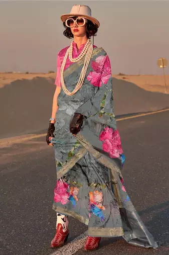 Grey floral zari tissue sungudi saree