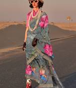 Grey floral zari tissue sungudi saree