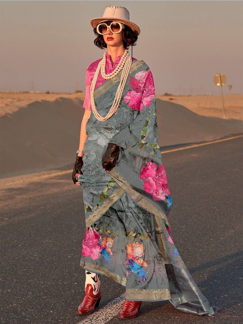 Grey floral zari tissue sungudi saree