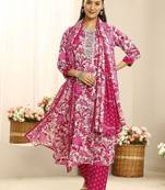 women floral printed regular thread work kurta with trousers & with dupatta