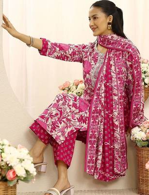women floral printed regular thread work kurta with trousers & with dupatta 7