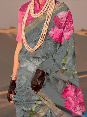Grey floral zari tissue sungudi saree 4