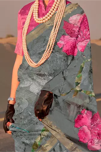 Grey floral zari tissue sungudi saree