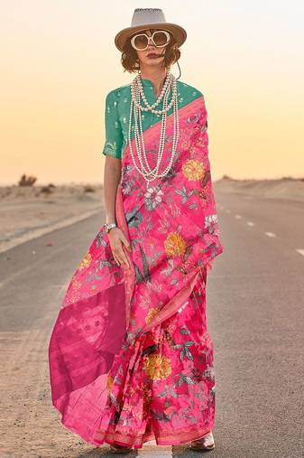 Pink floral zari tissue saree