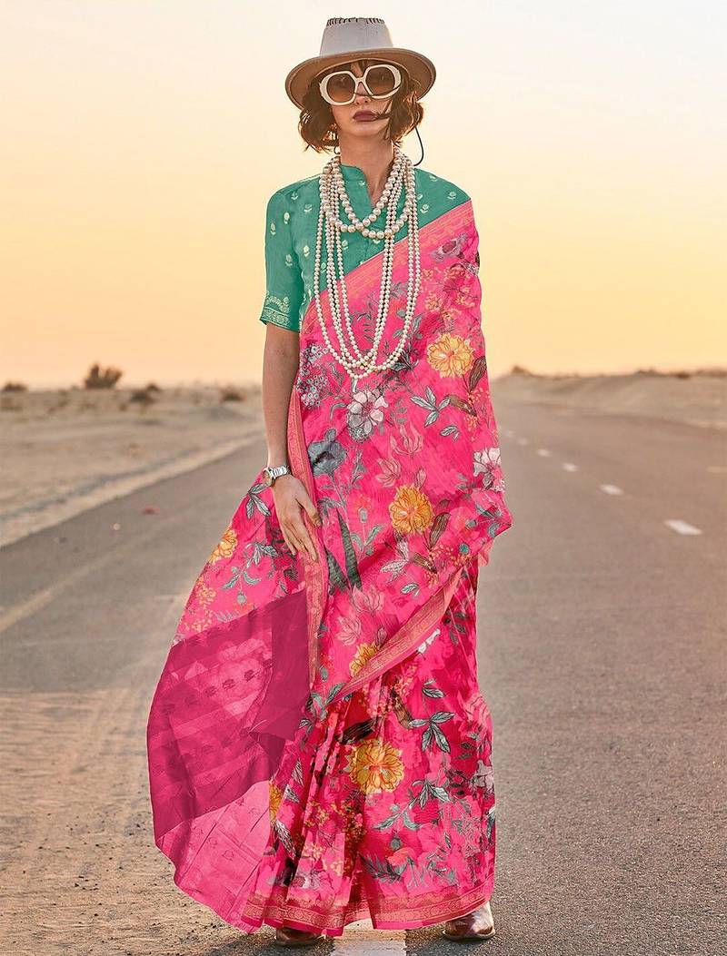 Pink floral zari tissue saree