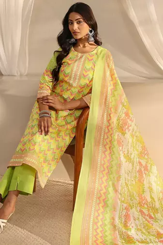 libas green chevron printed straight suit set with dupatta